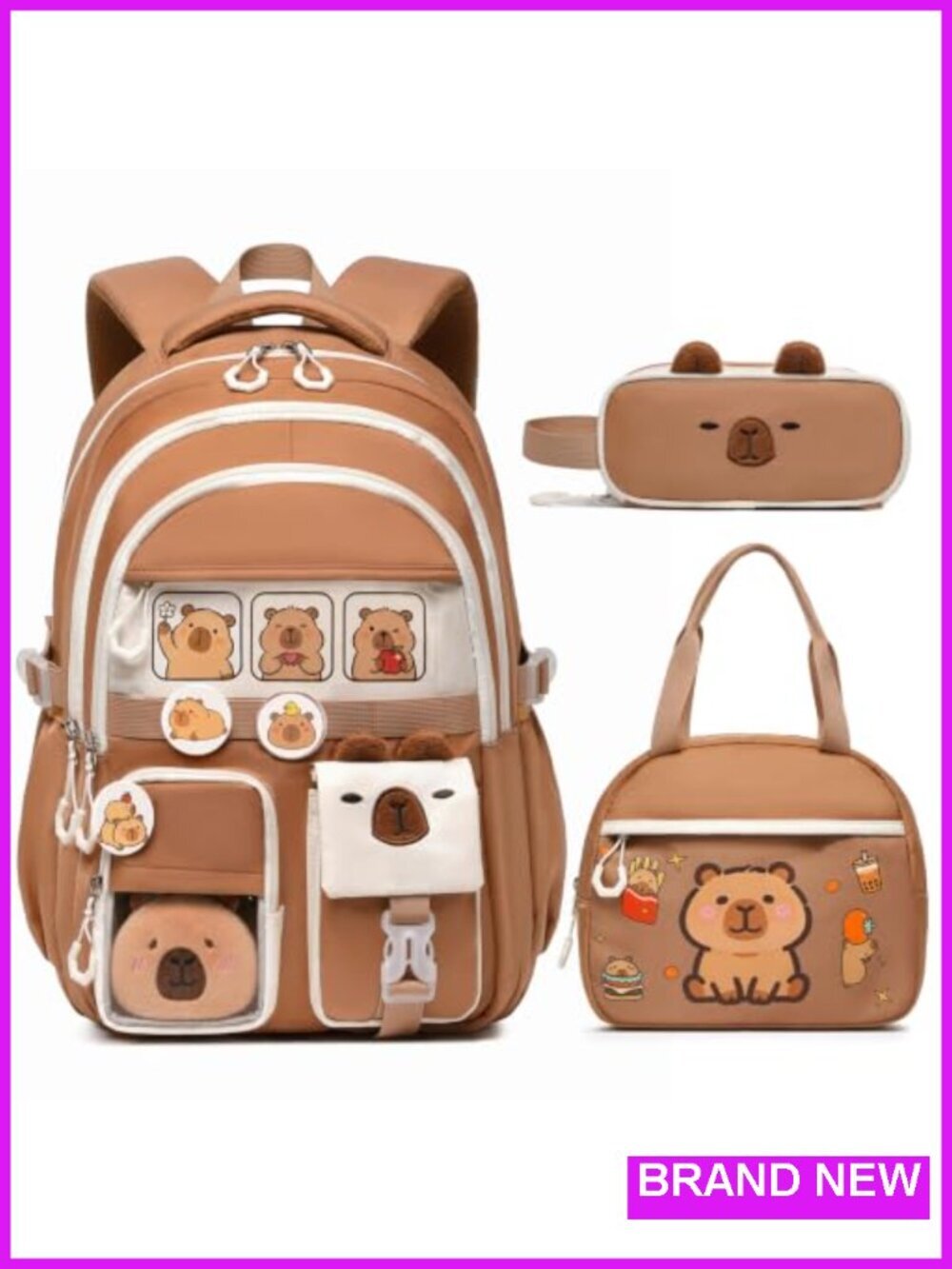 3-Piece Kawaii Capybara Backpack Set with Lunch Bag and Pencil Case for School